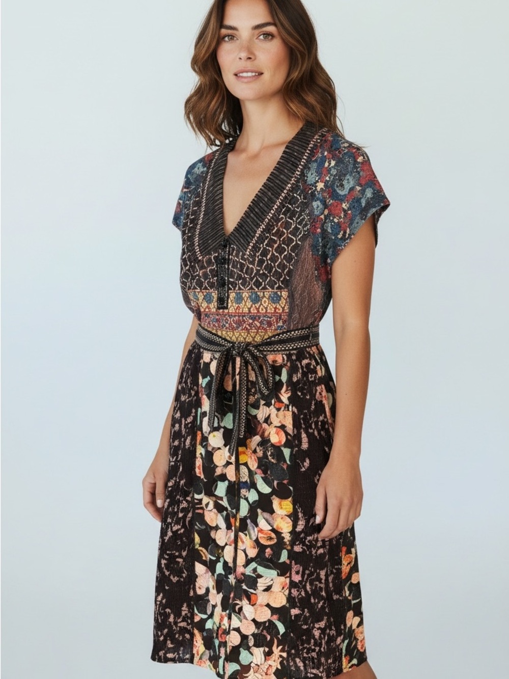 Byron Lars Black Multi Floral Patchwork V-Neck Midi Dress